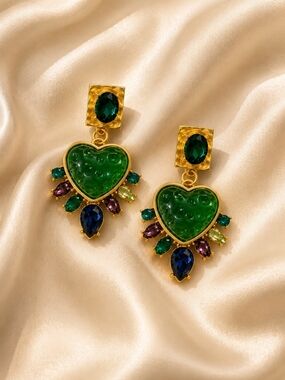 Elegant Gold-Plated Green Heart Drop Earrings - Women Jewelry